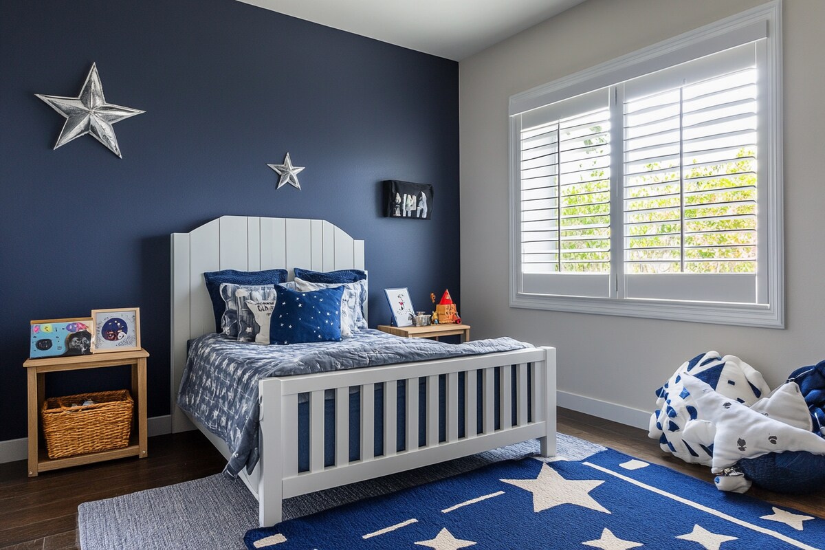 Contemporary Boys Room Design With Dark Blue Accent Wall And Star Decor Contemporary Boys Room Design With Dark Blue Accent Wall And Star Decor